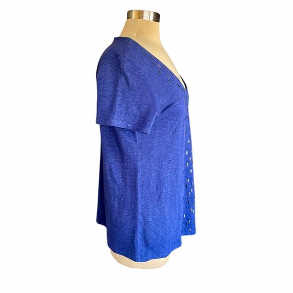Eileen Fisher Royal Blue Short Sleeve Tee 100% Linen Sequin Embellishment Sz MED - Picture 3 of 8